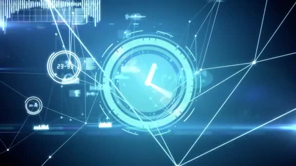 Animacja Zegara Poruszającego Się Szybko Sieci Połączeń Niebieskim Tle Koncepcja — Wideo stockowe