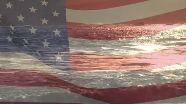 Animación Texto Feliz Día Colón Sobre Mar Bandera Americana Patriotismo — Vídeo de stock