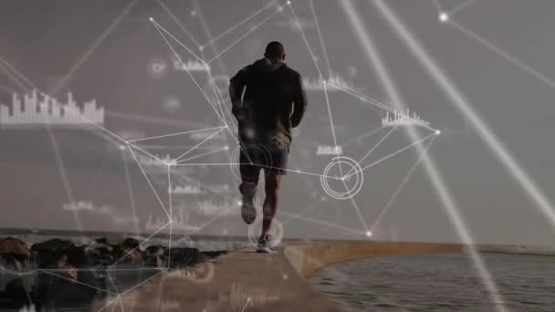 Animacja Sieci Połączeń Przez Tylny Widok Dopasowanego Afrykańskiego Mężczyzny Biegającego — Wideo stockowe