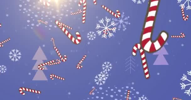 Animáció Leeső Hópelyhek Egy Cukornád Kék Háttérben Karácsony Hagyomány Ünnepség — Stock videók