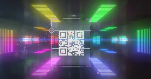 Image of digital interface QR code, biometric fingerprint being scanned with moving neon tunnel in the background. Global technology online security concept digitally generated image.
