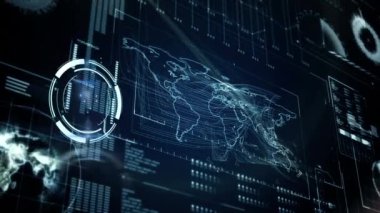 Mavi arkaplanda tarama ve veri işleme animasyonu. küresel iş, veri işleme, bağlantılar ve dijital arayüz konsepti dijital olarak oluşturulmuş video.