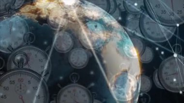 Saatler üzerindeki bağlantı ağının animasyonu. küresel bağlantılar, veri işleme ve dijital arayüz konsepti dijital olarak oluşturulmuş video.