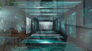 Tüneldeki finansal veri işleme animasyonunun ofisteki işadamının üzerindeki ekranlardan yapılmış hali. küresel iş, finans ve veri işleme kavramı dijital olarak oluşturulmuş video.