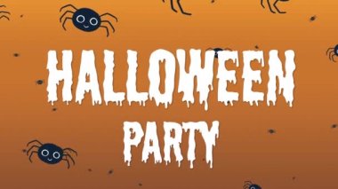 Cadılar Bayramı partisinin animasyonu ve turuncu arka planda uçan örümcekler. Cadılar bayramı geleneği ve dijital olarak oluşturulan kutlama konsepti.