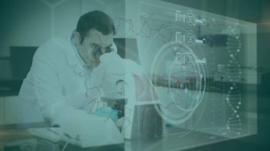 Bilimsel veriler ve mikroskop ile dönen şekillerin animasyonu. teknoloji ve bilim konsepti dijital olarak üretilen video.