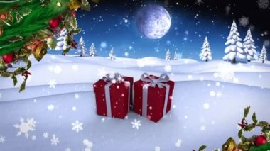 Kış manzarasında Noel hediyelerinde köknar dallarının canlandırılması. Noel, gelenek ve kutlama konsepti dijital olarak oluşturuldu.