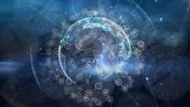 Saatler üzerindeki bağlantı ağının animasyonu. küresel bağlantılar, veri işleme ve dijital arayüz konsepti dijital olarak oluşturulmuş video.