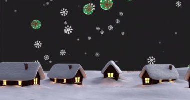 Kış gecesi manzarasında evlerin animasyonu. Noel, gelenek ve kutlama konsepti dijital olarak oluşturuldu.