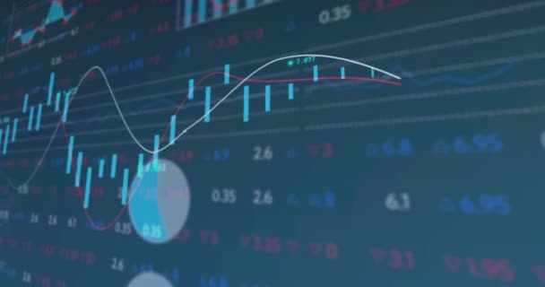 Animación Estadísticas Procesamiento Datos Financieros Sobre Fondo Azul Negocio Global — Vídeo de stock