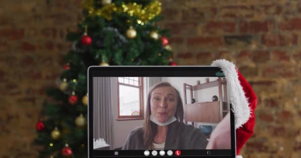 Happy Caucasian Senior Woman Video Call Computer Monitor Christmas Tree — Stock Video