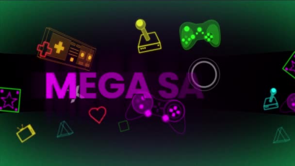 Animação Mega Texto Venda Sobre Ícones Jogo Fundo Preto Conceito — Vídeo de Stock