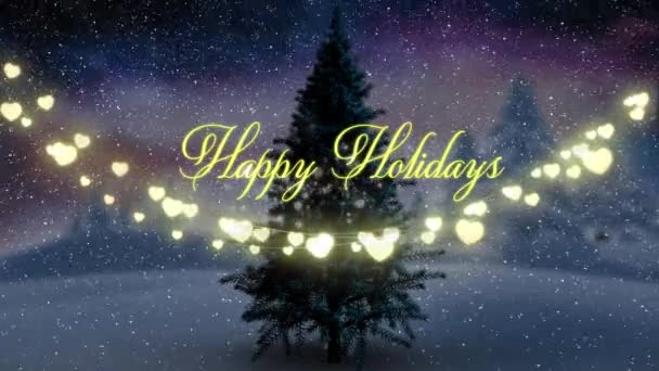 Animation Season Greetings Christmas Fairy Lights Snow Falling Winter Landscape — Stock Video