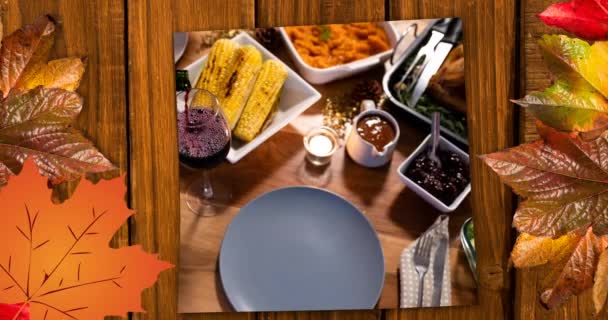 Animation Thanksgiving Meal Autumn Leaves Wooden Surface American Holiday Autumn — Stock Video