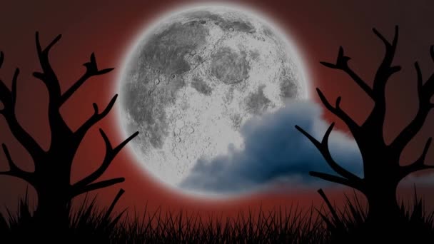 Animação Texto Halloween Sobre Manchas Sangue Árvores Nuvens Lua Céu — Vídeo de Stock