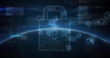 Çevrimiçi güvenlik kilidinin animasyonu dürbün taraması ve veri işleme üzerinde. küresel internet güvenliği, siber suç, bağlantılar ve dijital olarak oluşturulmuş veri işleme kavramı.