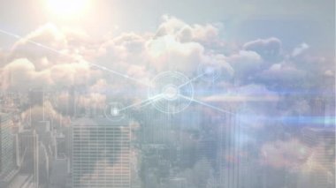 Şehir manzarası üzerindeki bağlantı ağlarının animasyonu. küresel ağlar, iş dünyası, veri işleme ve dijital arayüz kavramı dijital olarak oluşturulmuş video.