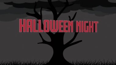 Cadılar Bayramı 'nın animasyonu. Ağaç ve fırtınalı gökyüzünün üzerindeki mesaj. Cadılar bayramı, sonbahar, kutlama ve geleneksel konsept dijital olarak oluşturulmuş video.