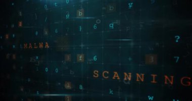 Tarama animasyonu, numaralar ve çevrimiçi güvenlik kilidi. küresel internet güvenliği, veri işleme, bağlantılar ve dijital arayüz konsepti dijital olarak oluşturulmuş video.