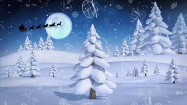 Çoklu noel konsepti simgeleri ve kış manzarası üzerine düşen kar gece gökyüzünde aya çarpıyor. Noel şenliği ve kutlama konsepti