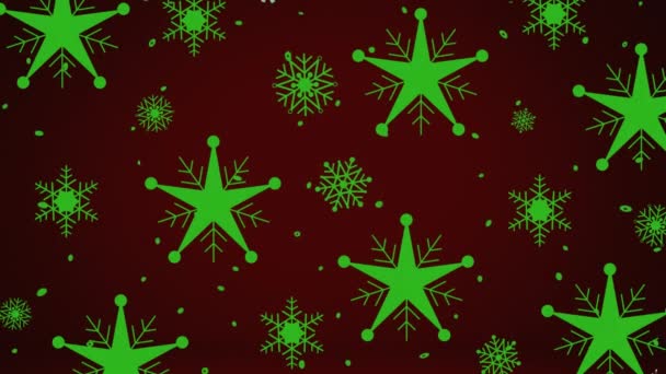 Animación Estrellas Verdes Copos Nieve Sobre Fondo Oscuro Navidad Tradición — Vídeo de stock