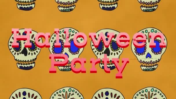 Animation Halloween Parti Text Över Blodfläckar Och Skallar Orange Bakgrund — Stockvideo