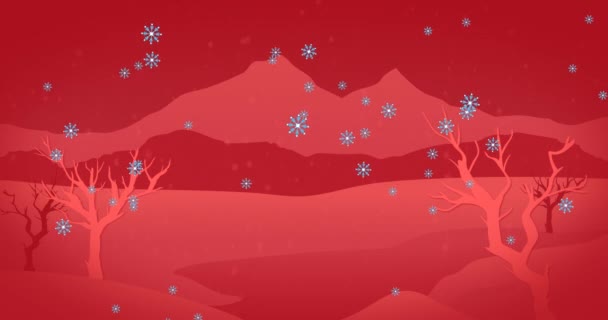 Animation Von Schnee Der Über Die Winterlandschaft Fällt Mit Bäumen — Stockvideo