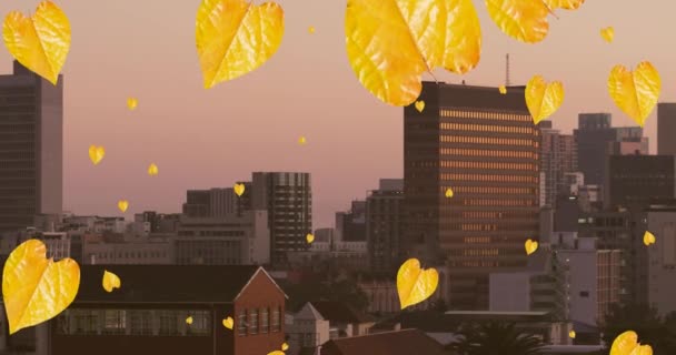 Animatie Van Oranje Herfstbladeren Die Het Stadsbeeld Vallen Seizoenen Herfst — Stockvideo