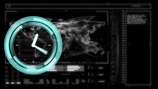 Animation Clock Data Processing Black Background Global Business Data Processing — Stock Video