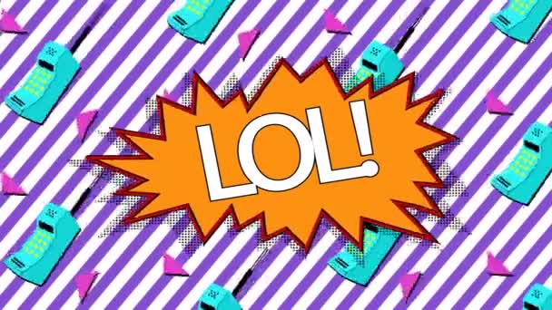 Lol Text Orange Speech Bubble Multiple Phone Icons Striped Background — Stock Video