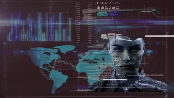 Animation Data Processing Woman Face Global Business Data Processing Connections — Stock Video