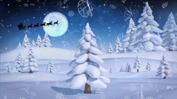 Многочисленные Иконы Рождественской Концепции Снег Падающий Зимний Пейзаж Против Луны — стоковое видео