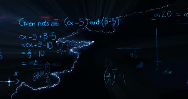 Animación Rayos Sobre Ecuaciones Matemáticas Pizarra Ciencia Conocimiento Desarrollo Concepto — Vídeos de Stock