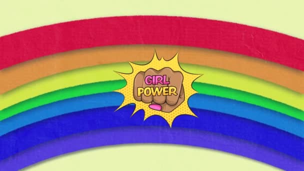 虹の上の女性拳に女の子のパワーテキストのアニメーション 女性の力フェミニズムとジェンダー平等の概念をデジタルで生成し — ストック動画