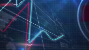 Dünya haritası üzerinde saat animasyonu, veri işleme ve finansal istatistikler. küresel hesaplama, veri işleme, bağlantılar ve dijital arayüz konsepti dijital olarak oluşturulmuş video.