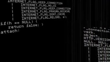 Siyah arkaplanda veri işleme animasyonu. küresel hesaplama, veri işleme, bağlantılar ve dijital arayüz konsepti dijital olarak oluşturulmuş video.