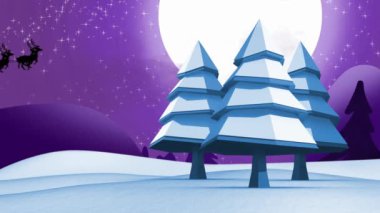 Noel Baba 'nın kızak içindeki animasyonu. Ren geyikleri kışın ve ayın üzerinde hareket ediyor. Noel, gelenek ve kutlama konsepti dijital olarak oluşturuldu.