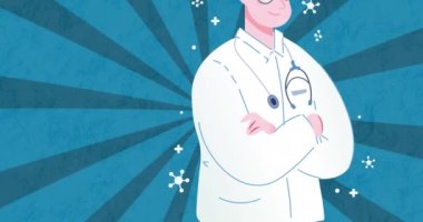 Mavi arka planda erkek doktor animasyonu. Coronavirus covid 19 salgını sırasında tıbbi ve sağlık hizmetleri dijital olarak üretilen video konsepti.