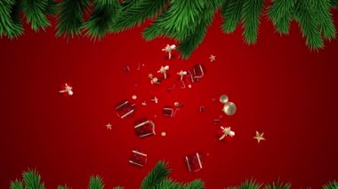 Noel hediyeleri üzerine Noel ağacı dalları, kırmızı arka planda yüzen mücevher ve şeker kamışı simgeleri. Noel şenliği ve kutlama konsepti