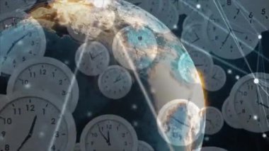 Saatler üzerindeki bağlantı ağının animasyonu. küresel bağlantılar, veri işleme ve dijital arayüz konsepti dijital olarak oluşturulmuş video.