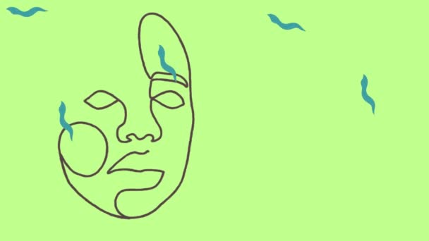 Анимация Женского Лица Над Падающими Синими Пятнами Зеленом Фоне Женская — стоковое видео