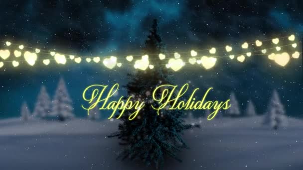 Animation Season Greetings Christmas Fairy Lights Snow Falling Winter Landscape — Stock Video