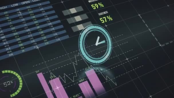 Animação Relógio Movendo Rapidamente Sobre Estatísticas Processamento Dados Financeiros Conceito — Vídeo de Stock