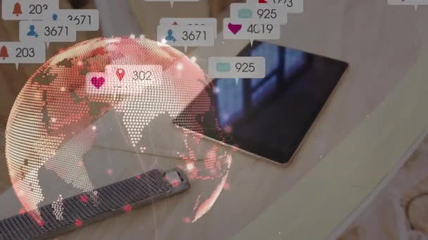 태블릿 지구본을 애니메이션 글로벌 비즈니스 디지털 인터페이스 디지털 비디오 — 비디오
