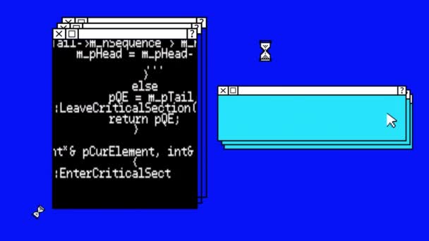 Animation de plusieurs fenêtres et traitement de données sur fond bleu. concept de médias sociaux et de communication vidéo générée numériquement.
