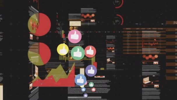 在黑色背景的屏幕上 类似图标在数字数据上的动画 全球社交媒体和通信概念数码视频 — 图库视频影像