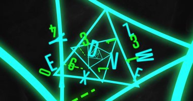 Siyah arkaplanda hareket eden sayılar ve harflerle geometrik neon mavisi şekiller. Vintage renk ve hareket konsepti dijital olarak oluşturuldu.
