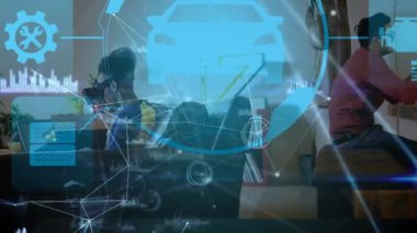 VR kulaklık ve tablet kullanan iki iş adamı arasındaki bağlantı ağının animasyonu. küresel bağlantılar, veri işleme ve dijital arayüz konsepti dijital olarak oluşturulmuş video.