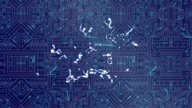 Mavi bilgisayar anakartının üzerinde parlayan beyaz sıvı ışığın animasyonu. elektrik ve iletişim teknolojisi konsepti dijital olarak oluşturulmuş video.