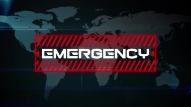 Dünya haritasında acil durum metninin canlandırması. küresel covid 19 salgını, bilim ve bağlantılar konsepti dijital olarak oluşturulmuş video.